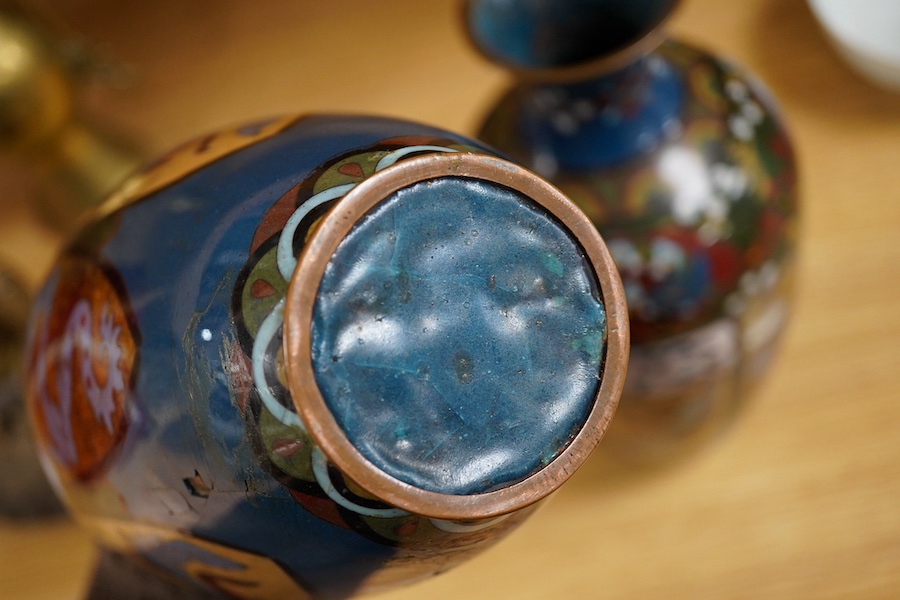 A pair of Japanese cloisonné enamel vases, early 20th century, 30cm high. Condition - one fair to good, one with impact damage